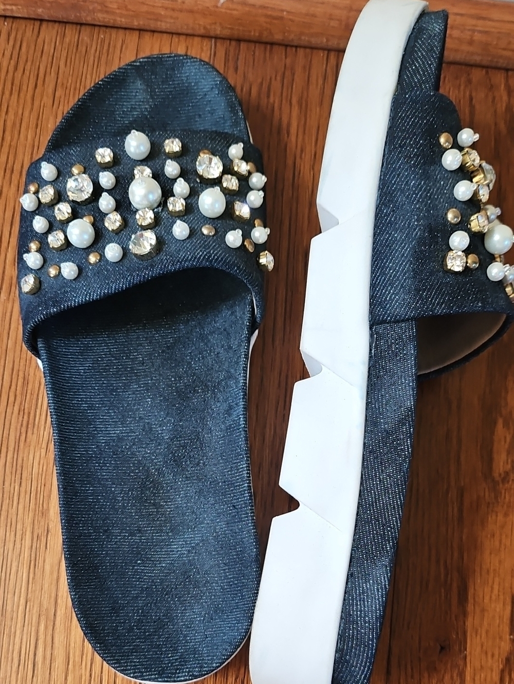 Stuart Weitzman Navy Denim Pearl & Crystal Slide Sandals